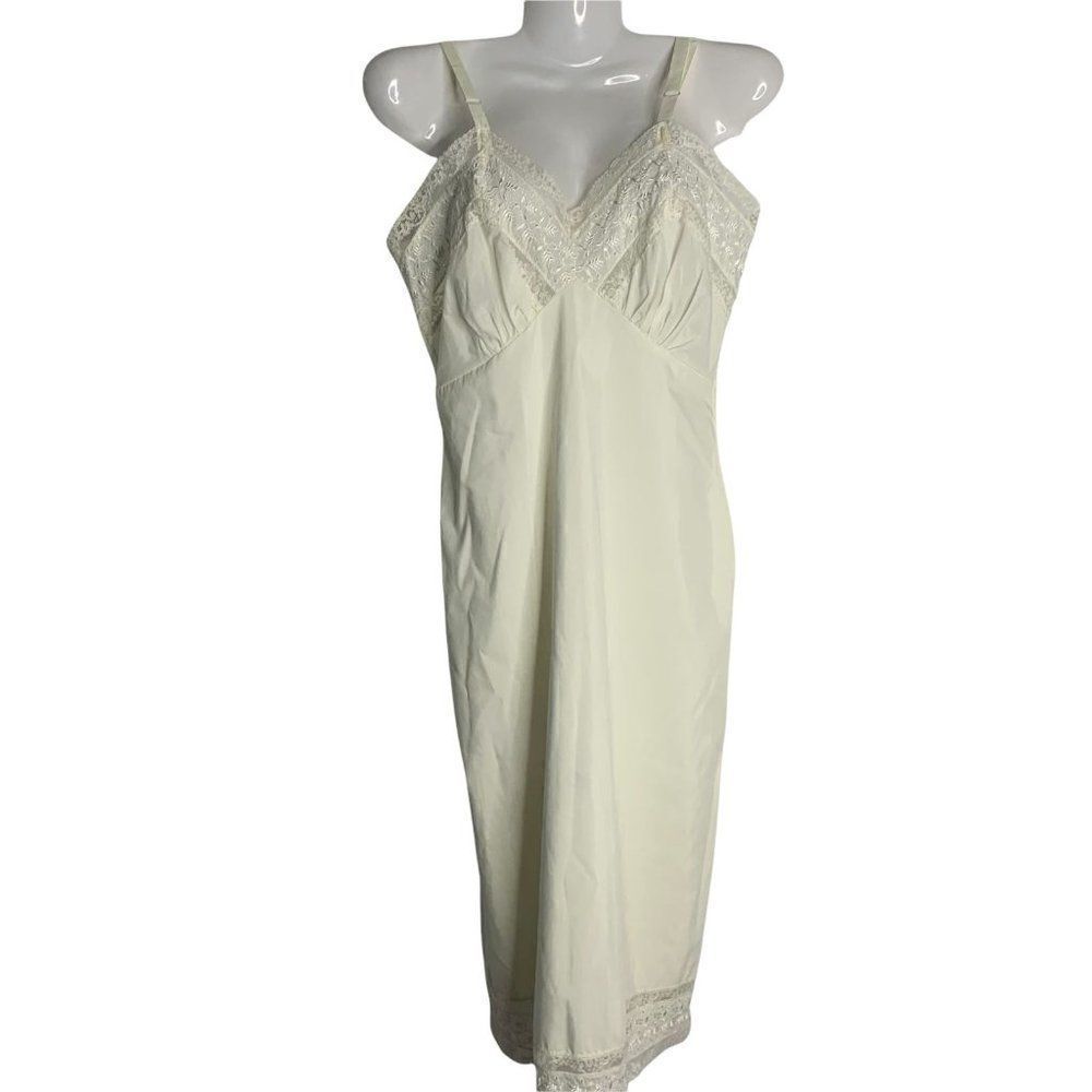 Vintage 60s Embroidered Midi Slip S Cream Floral Lace Adjustable Straps Cotton